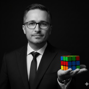 Minimalist Siyah-Beyaz Portre ve Renkli Rubik Küpü Konsepti