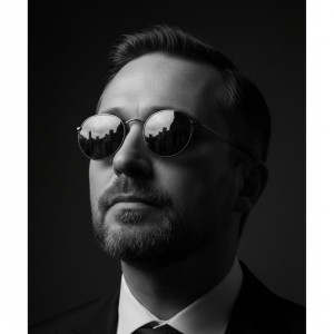 Derick: Yansımalı Güneş Gözlüklü Siyah-Beyaz Sinematik Portre